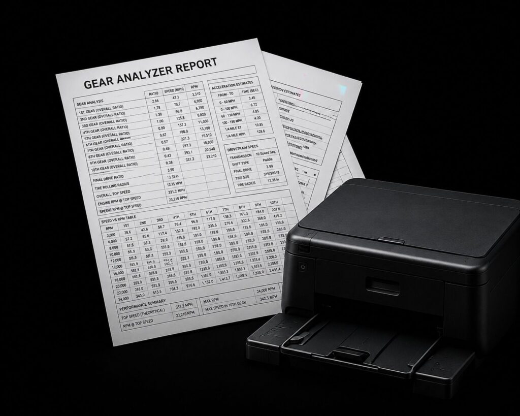 Gear analyzer for tire size, transmission ratios, RPM and race setup