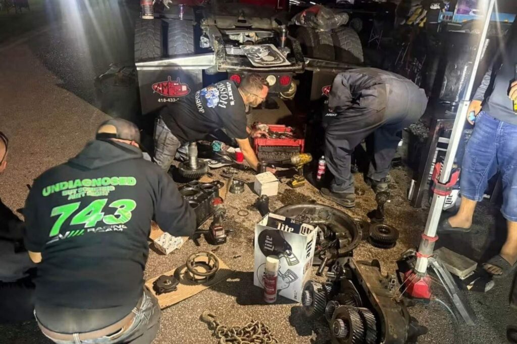 Semi-Truck Racing Transmission Components Being Serviced by Mechanics at Jimmy's Custom Speed Shop